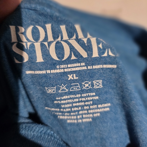 The Rolling Stones Blue Shirt with Red and Yellow Logo EUC PTP 23 - Picture 3 of 3